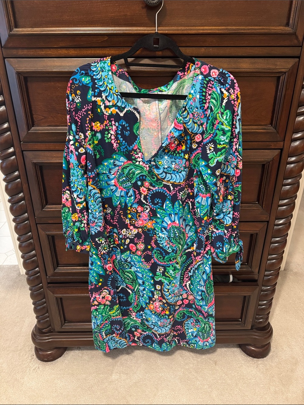 Lilly Pulitzer Navy Paisley Floral V-Neck Dress with Teal and Pink Accents